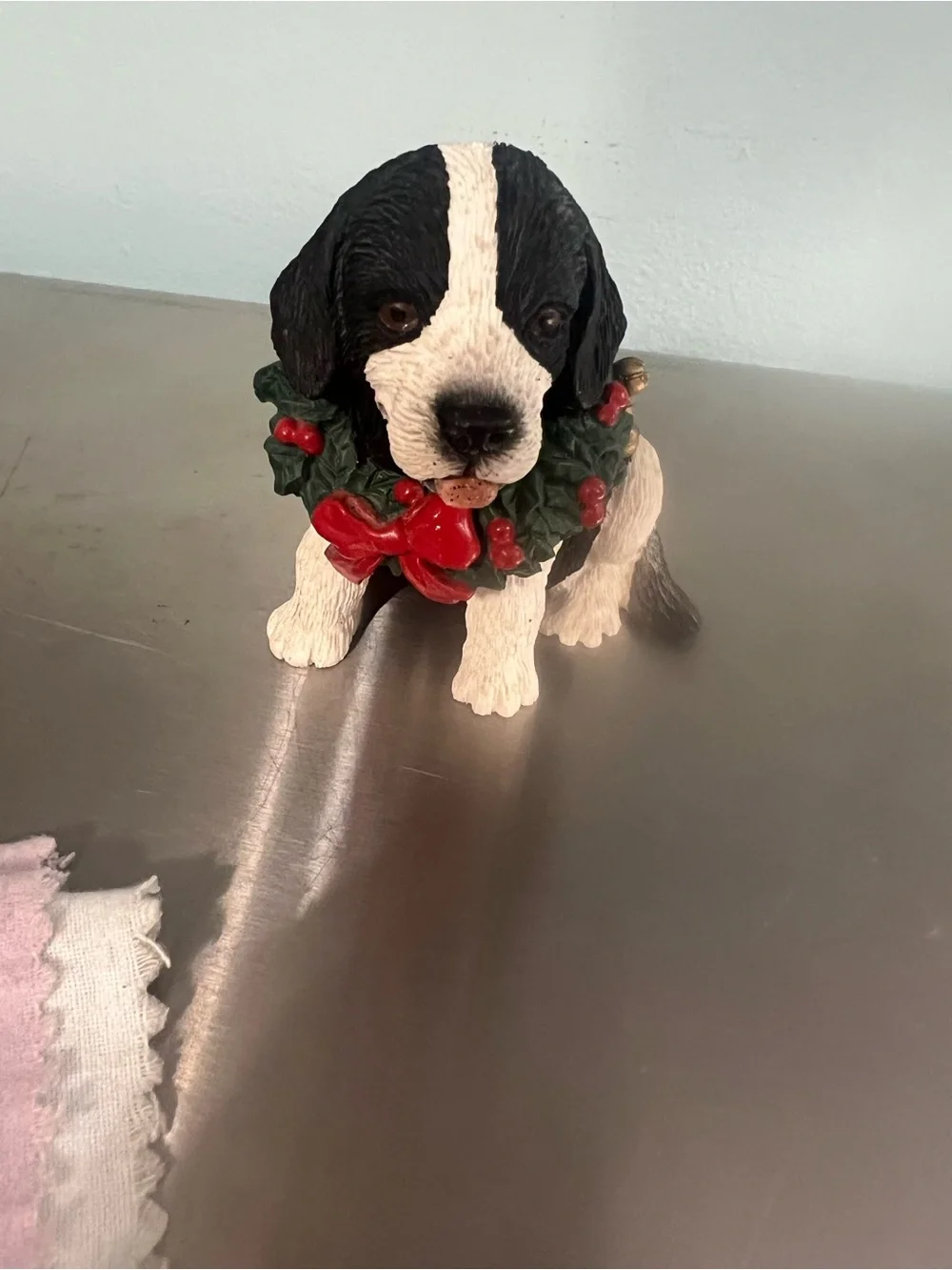 Silver Deer Christmas Black and White Puppy Figurine with Red Wreath